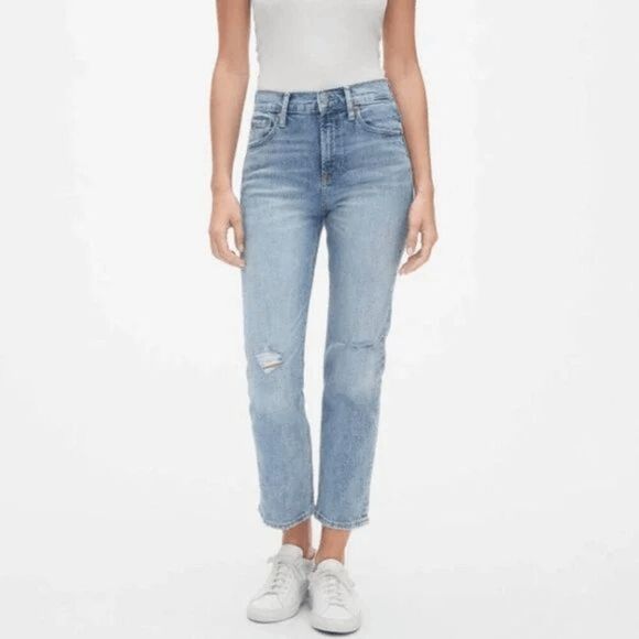 GAP High Rise Cheeky Straight Jeans with Distressed Detail in Color Light Destro - Picture 1 of 4